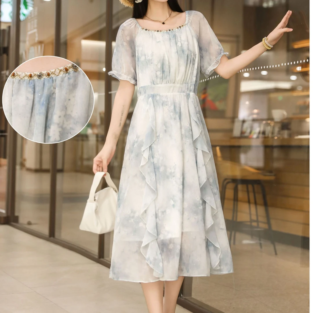 T1489大码碎花显瘦气质时尚夏季复古法式连衣裙