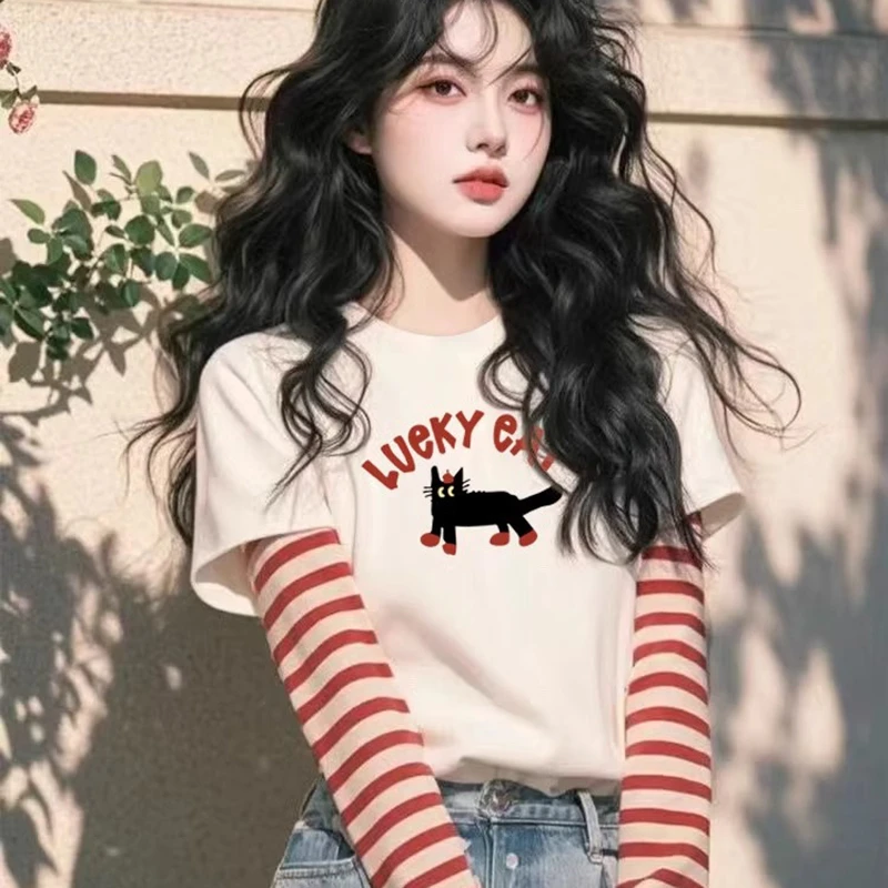 美式复古圆领短款撞色条纹假两件t恤女长袖宽松大码胖MM叠穿上衣