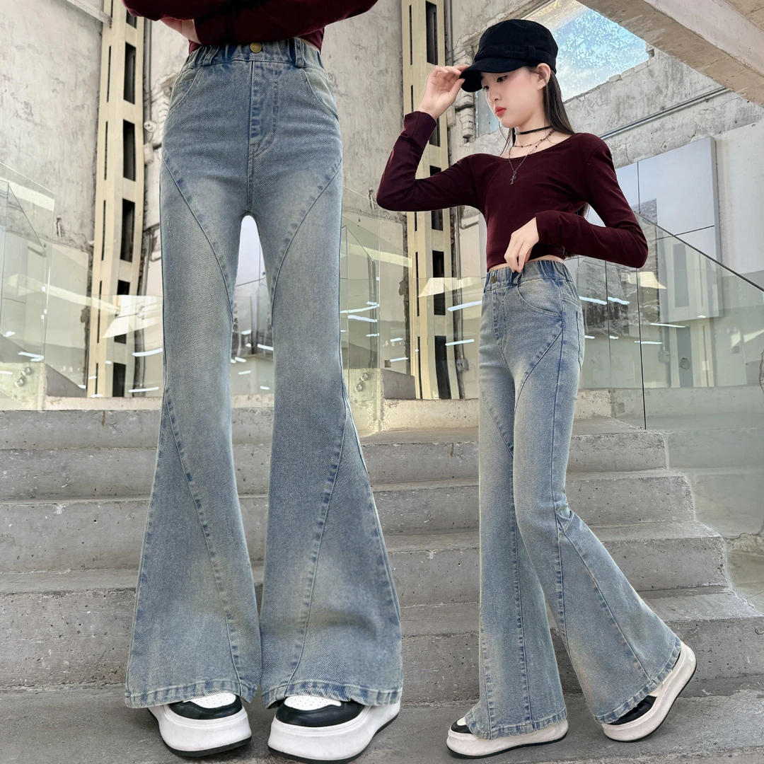 女童喇叭裤春秋2025新款中大童春款牛仔微喇裤浅色洋气儿童牛仔裤