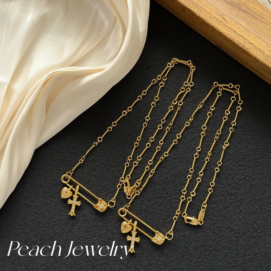 非金属仿水晶项链 锆石十字爱心别针（可开）项链 LN97多样性发一