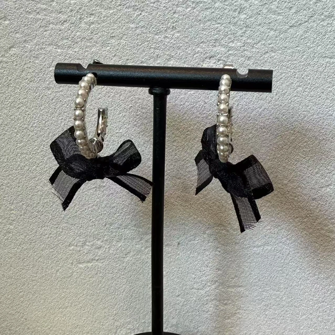 铜合金亚克力耳饰 GREBUTY 6345简约百搭珠珠蝴蝶结耳钉耳饰