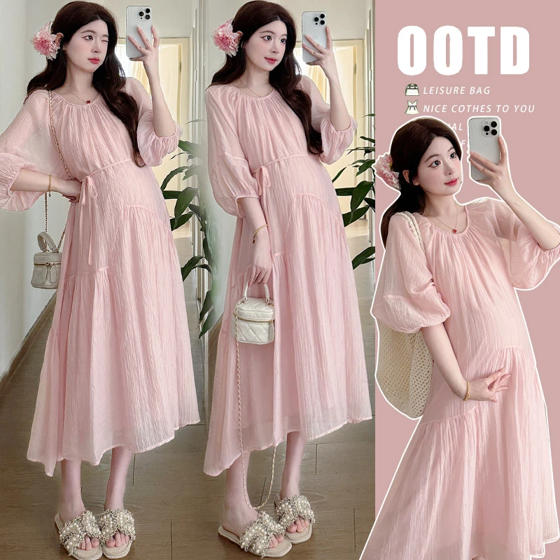 孕妇连衣裙夏季新款2025七分袖雪纺裙子小个子中长款温柔风遮肚子