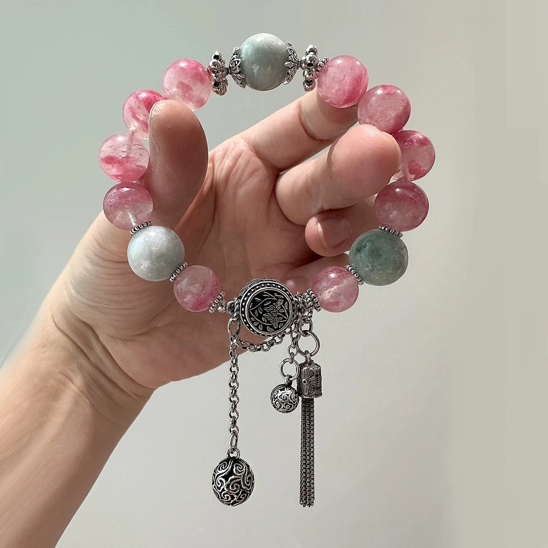 S10833<非晚>s925银蔷薇石翡翠花纹鼓吊坠祥云吊坠流苏弹力手串