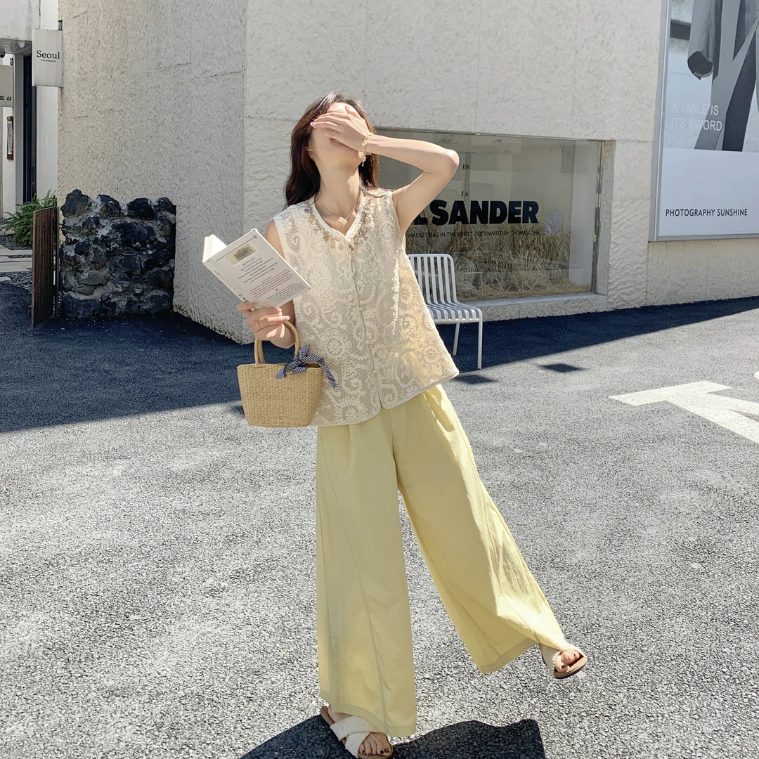 夏季ootd穿搭时尚套装女新款大方得体刺绣提花上衣阔腿裤两件套