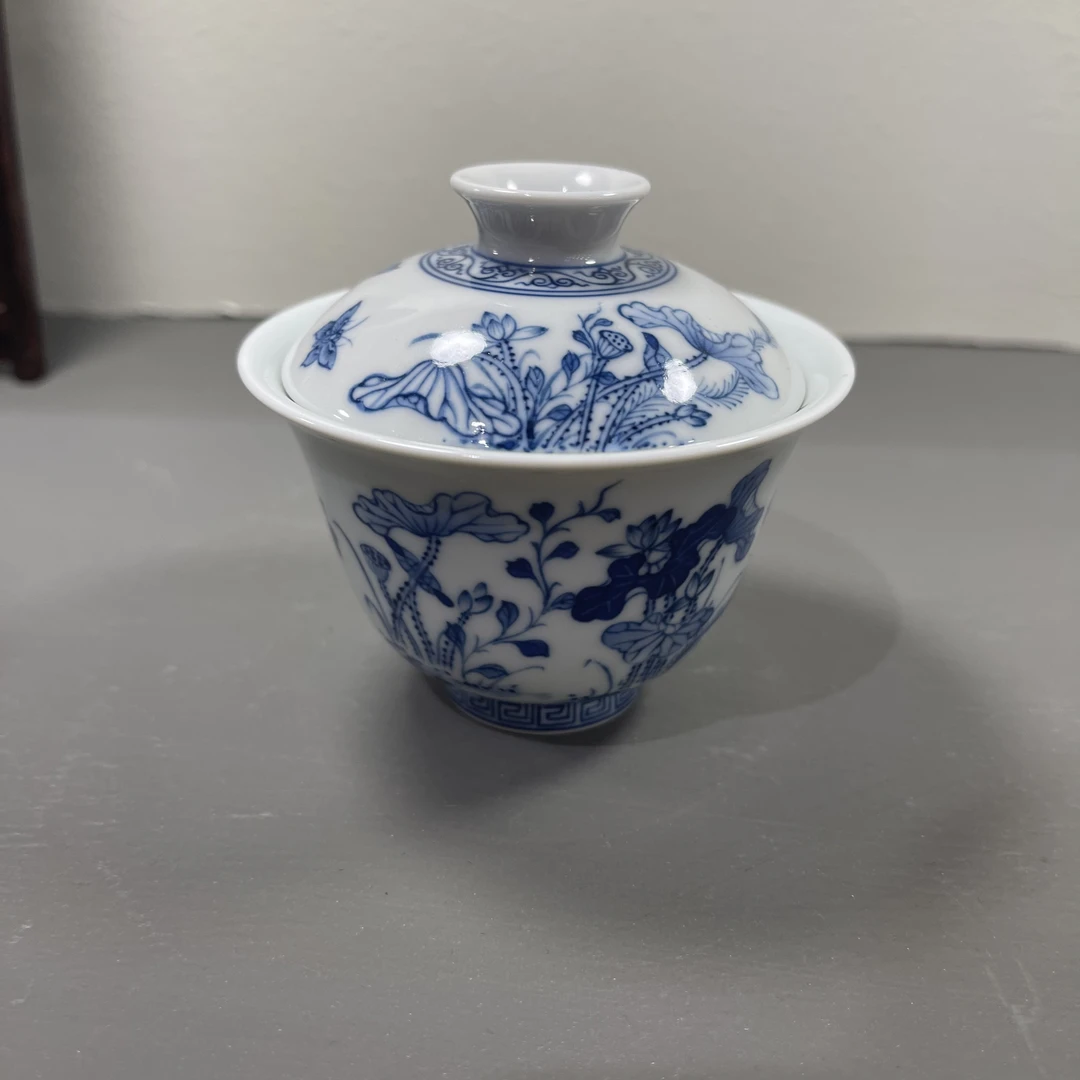 钟家窑 柴窑 纯手绘 青花 荷花二才 小盖碗