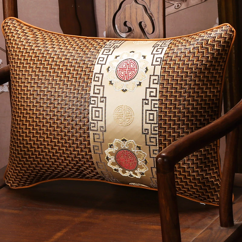夏季中式沙发藤席腰枕靠垫透气凉席长方形抱枕含芯