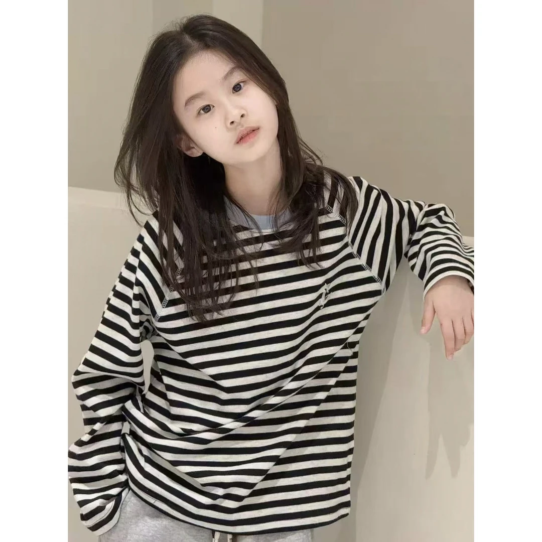 【现货】2025韩版撞色领条纹女童打底衫 D723 723 W B
