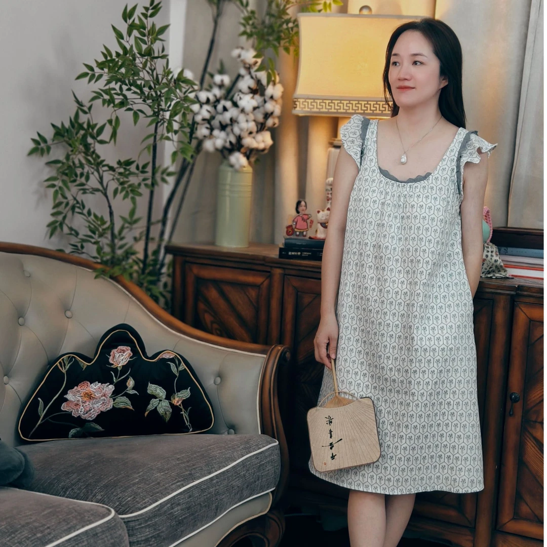 【段姐家居服】全棉双层棉纱女士小飞袖带胸垫睡裙家居服可外穿