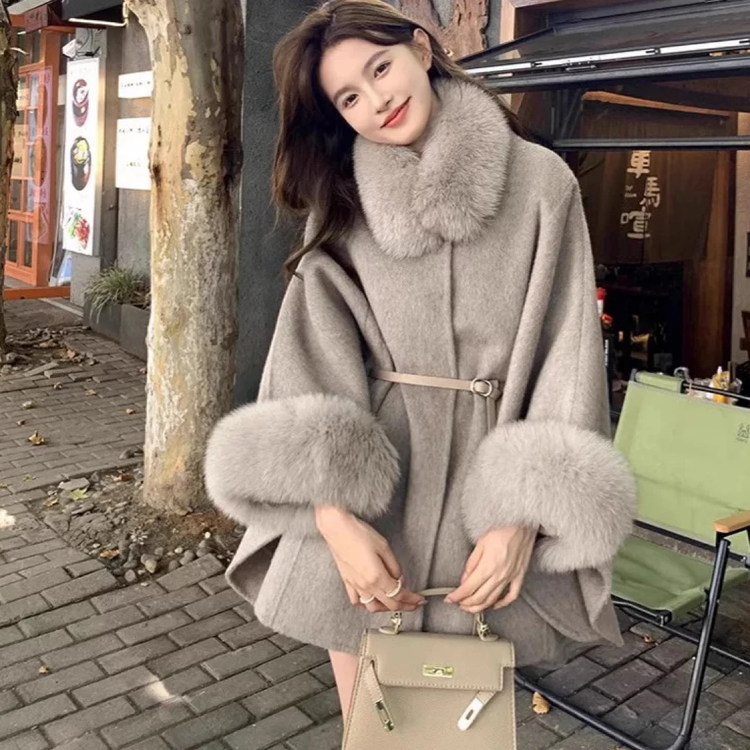 贵女千金 新款双面羊毛大衣狐狸毛领连帽羊毛外套女韩版中长款