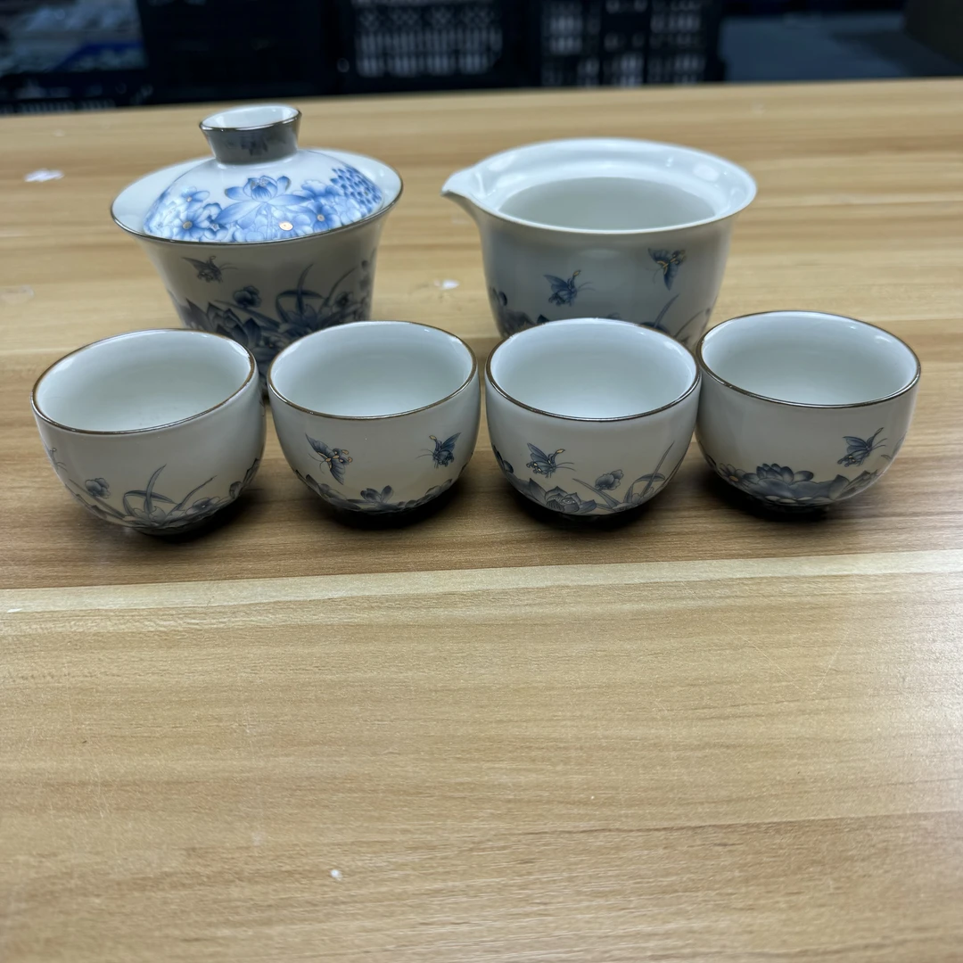 【闪购商品】蝶恋花盖碗+公道+4客杯汝窑家用陶瓷复古TZ004