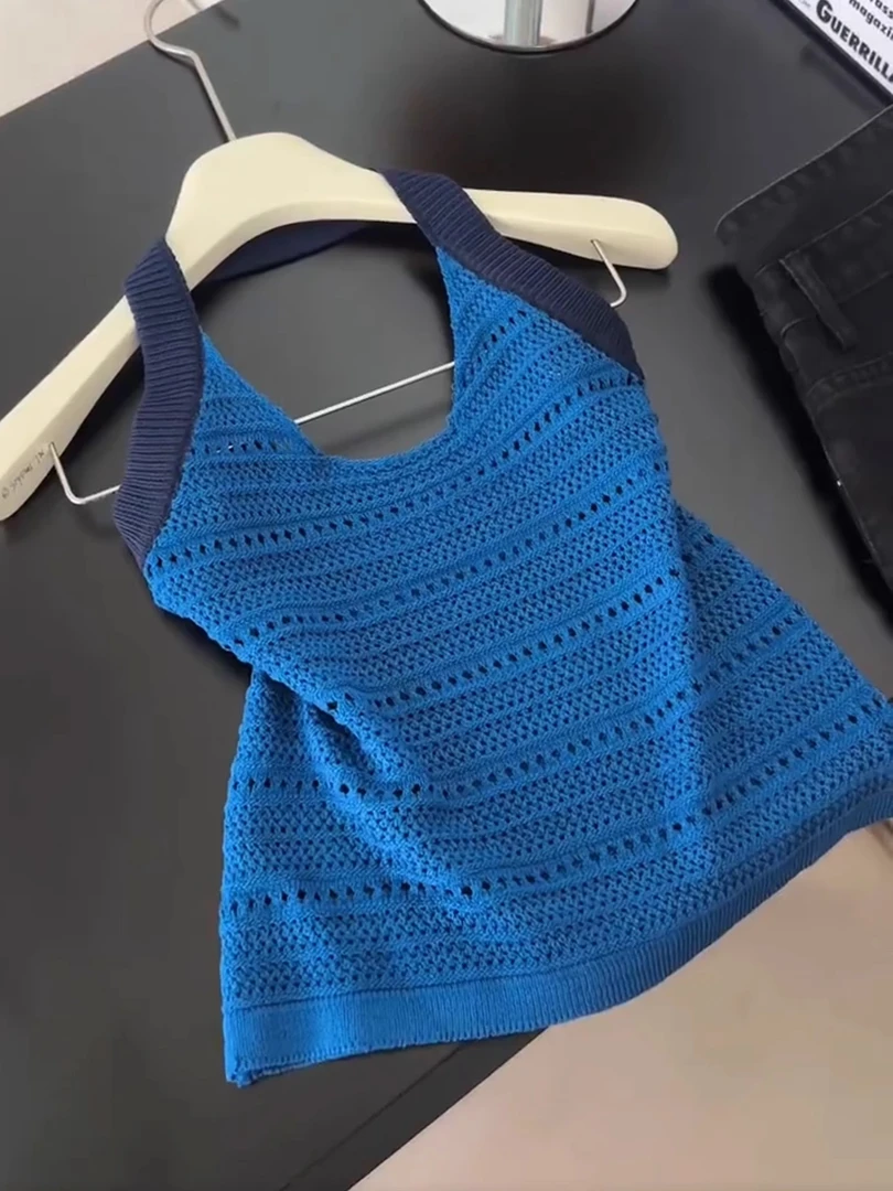 法式撞色镂空钩花吊带背心女2025夏季新款高级感时尚气质无袖上衣