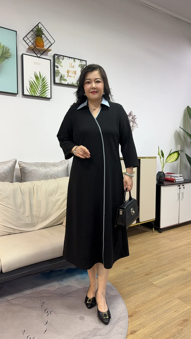 娜丹静原创大码显瘦简约优雅气质轻职翻领连衣裙LD95536