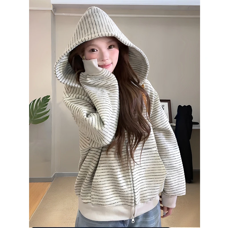 燕麦色外搭开衫带帽卫衣女款韩系慵懒小香风短款双拉链上衣连帽衫