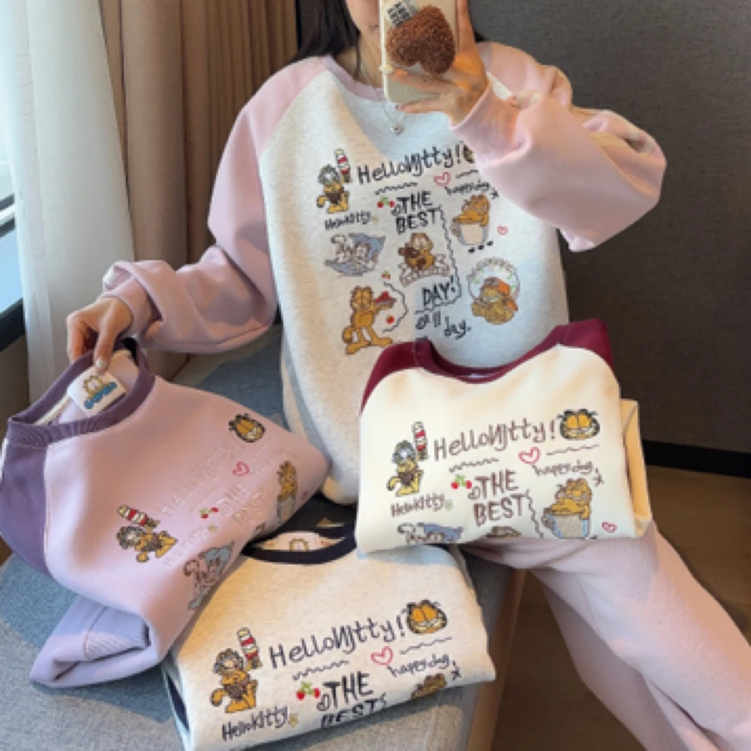 2025春季新款加菲猫重工刺绣宽松白发休闲圆领套头长袖卫衣女上衣