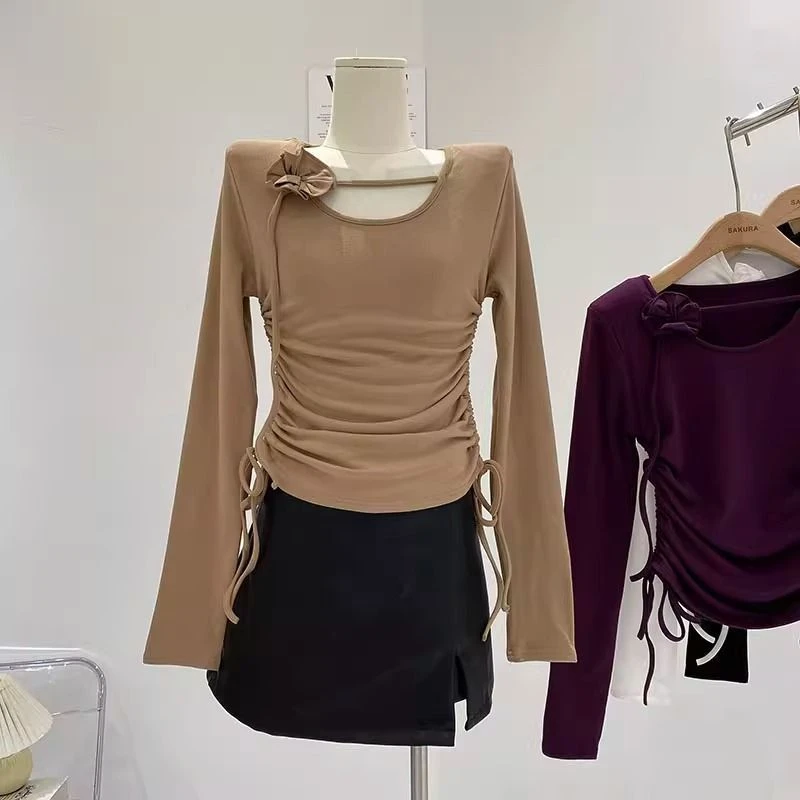 褶皱辣妹抽绳长袖打底气质显瘦修身法式防晒T恤秋冬季设计感上衣