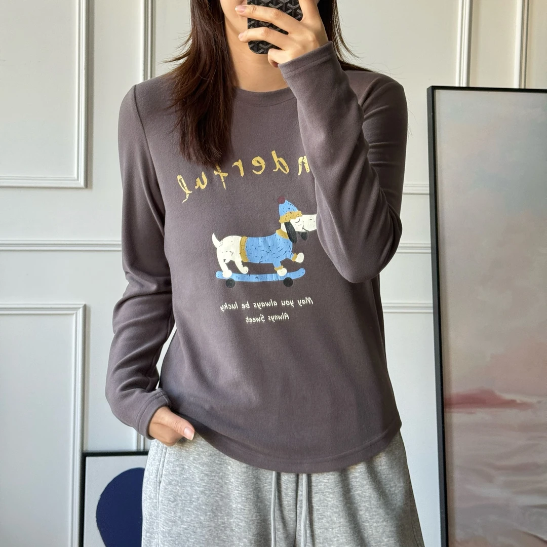 美亚恩NANA【滑板狗】秋冬加厚300g澳绒卡通印花长袖打底衫C0565