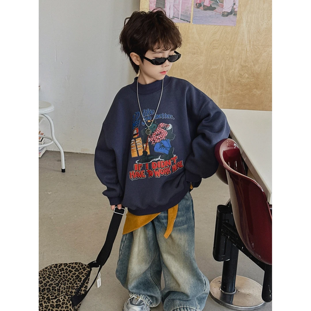 【Tang小白】2025冬季新款卡通数码印花加绒圆领卫衣童洋气保暖上衣