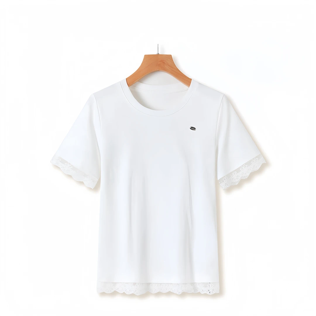 2025年春夏季新款蕾丝边圆领时尚洋气百搭T恤上衣女-25033