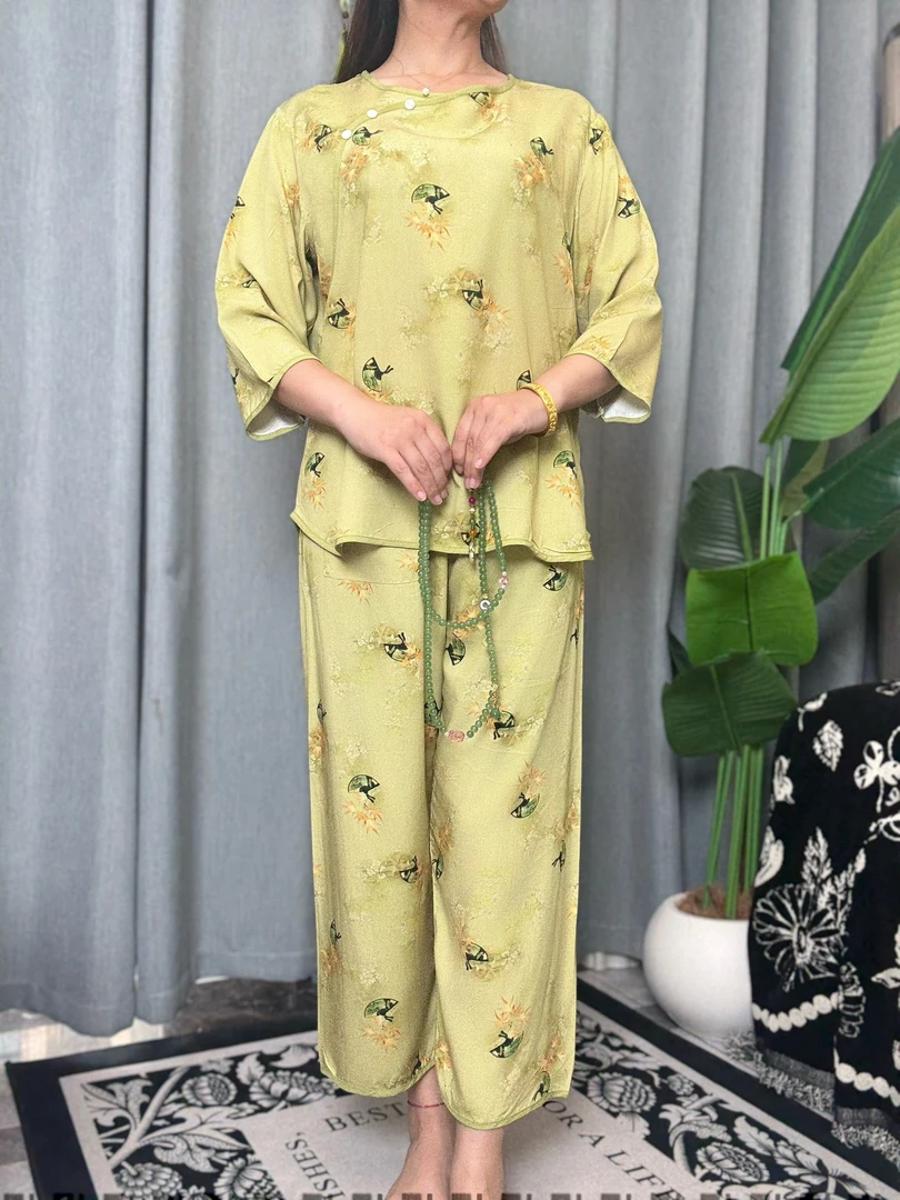 中国风宽松中袖棉绸套装复古夏季休闲薄款印花居家套装