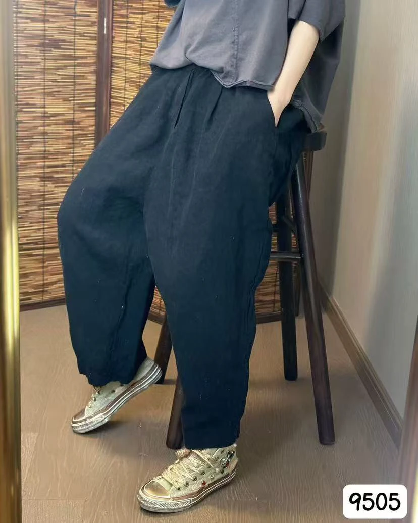 9505夏季宽松百搭显瘦亚麻九分休闲裤女
