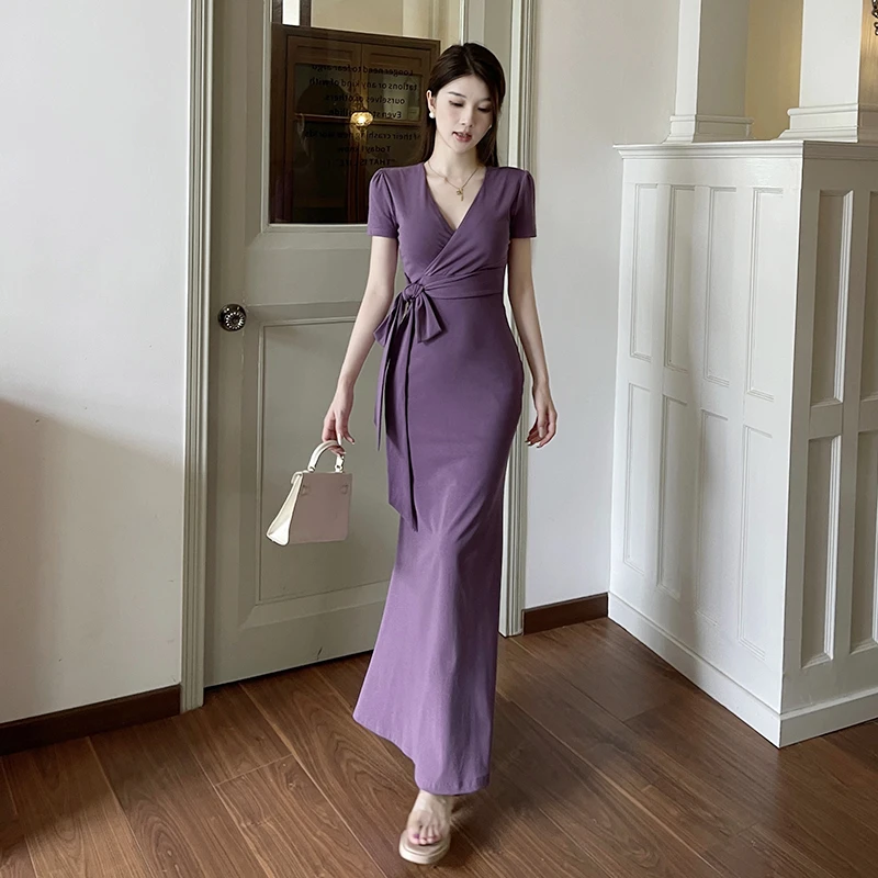 KaDaiShan【退运补6-8】紫色收腰绑带短袖连衣裙气质轻熟风后妈裙