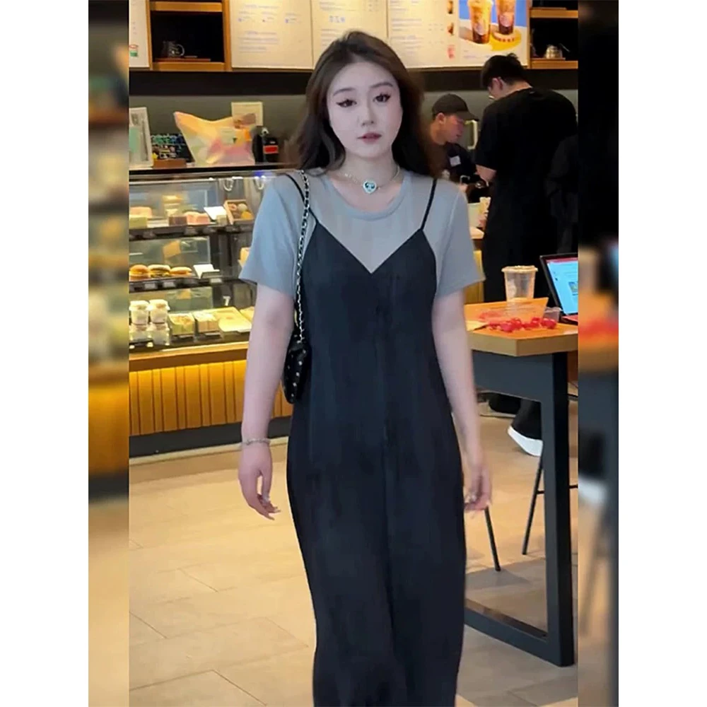 大码女装假两件设计感吊带连衣裙夏季胖mm显瘦遮肉气质高级感裙子