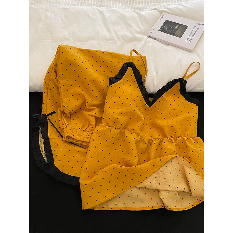 【少女甜美风】带胸垫波点吊带睡衣套装女款夏季新款长裤花边家居服