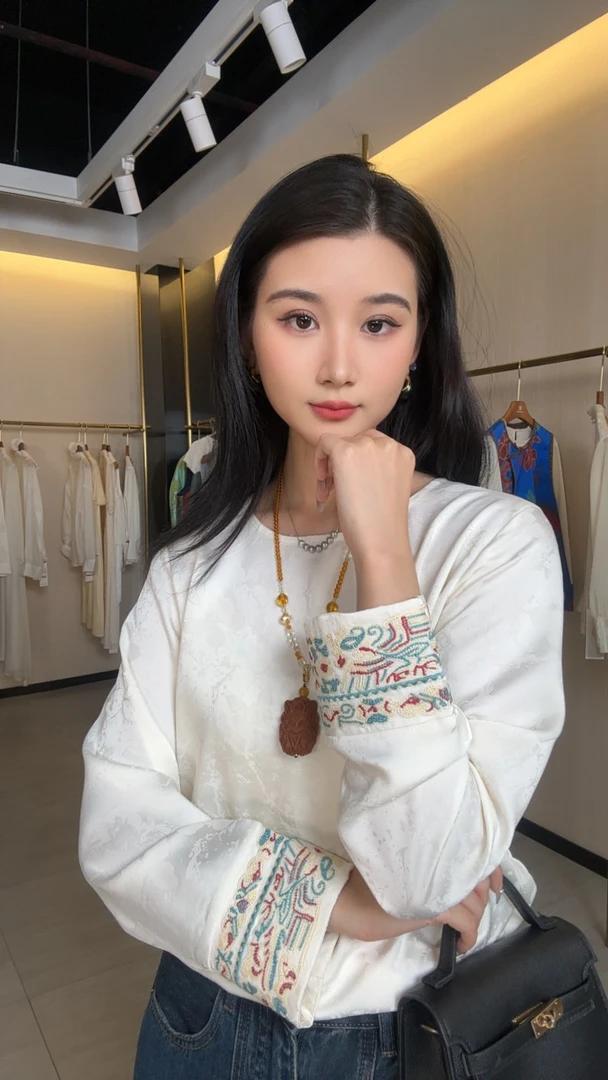 白玉 新中式提花刺绣上衣纯色中式圆领早秋气质衬衫 A63023
