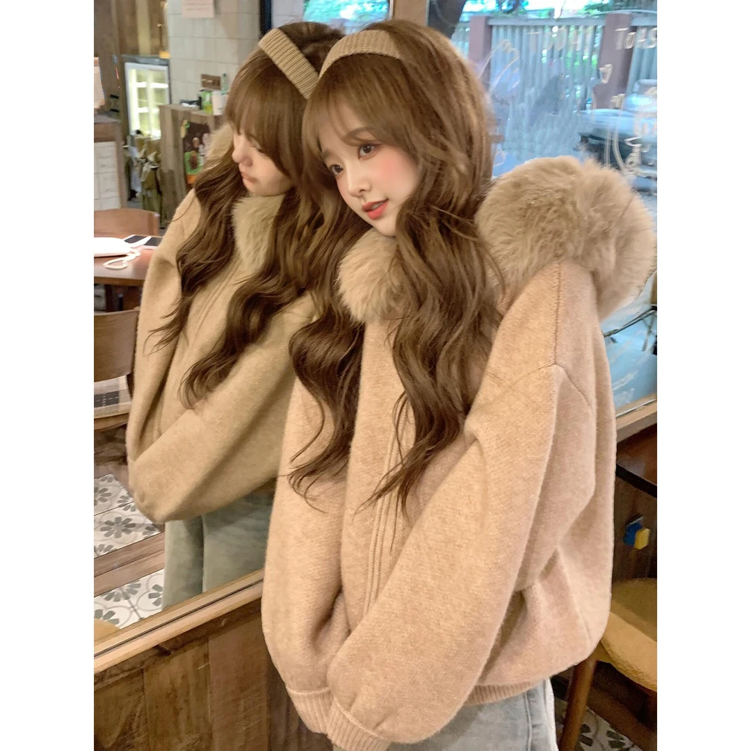 【现货原厂大毛领】连帽毛衣外套女秋季新款高级感气质拉链开衫上衣