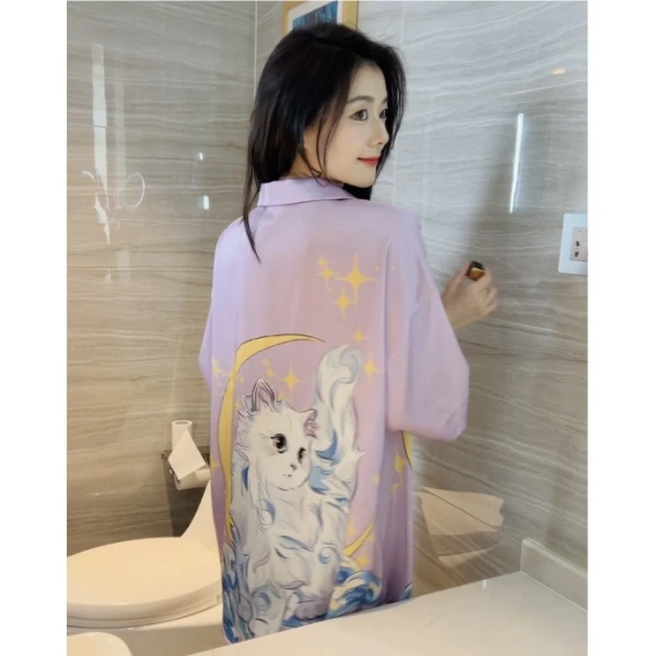 冰雪丝梦幻紫星月猫可爱家居服睡裙(送短裤）
