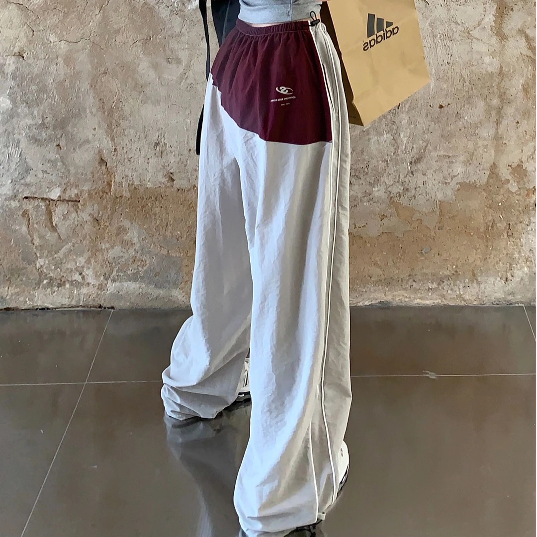 美式复古撞色工装休闲长裤女夏季高腰hiphop运动裤宽松显瘦阔腿裤