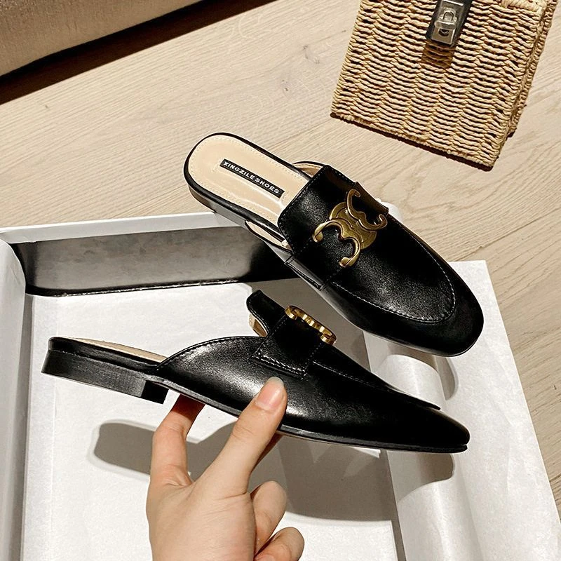 牛皮半拖女单鞋真皮尖头鞋平底凯旋门扣懒人鞋夏季外穿包头凉拖