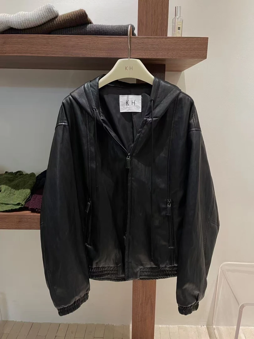 chalan 秋款新款重工连帽拉链皮衣外套H25Q0210