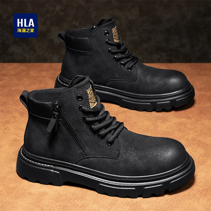 海澜之家鞋子男2025秋季黑色复古高帮皮鞋增高工装靴侧拉链马丁靴