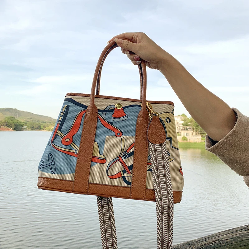 法式手提小众女包帆布包欧美经典彩绘托特女包涂鸦大容量手提包