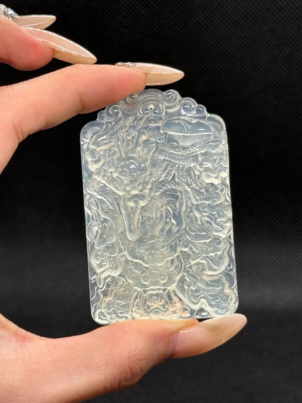 岫玉白冰九龙运财手工雕刻男士方牌吊坠