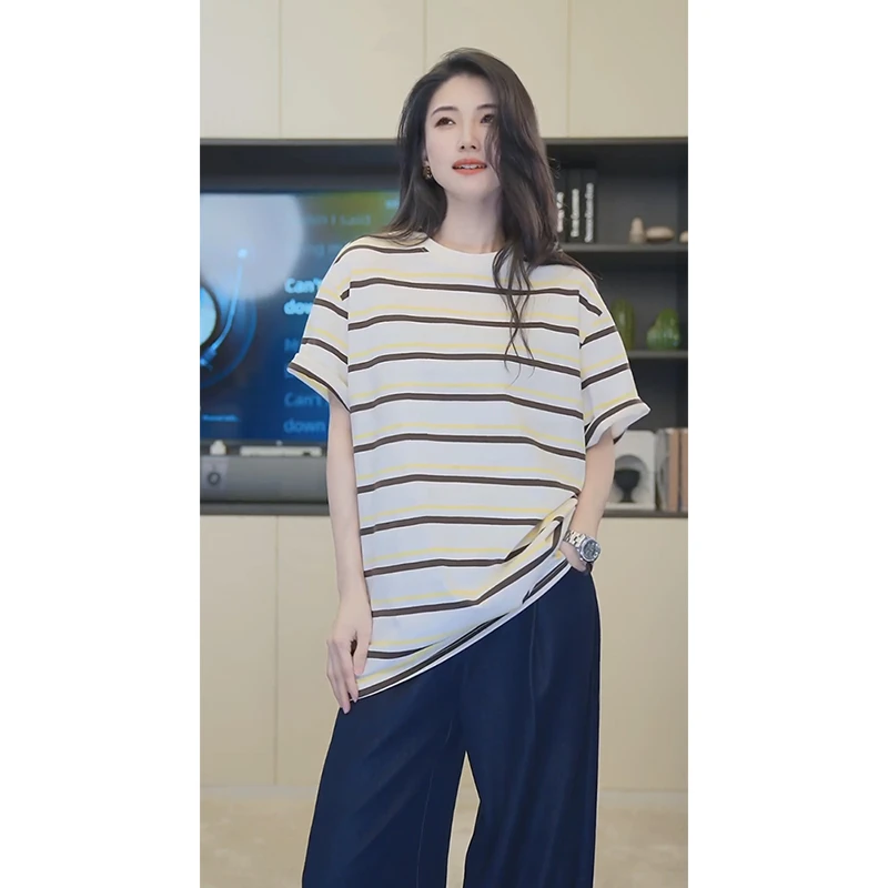 小乖逃南屏晚风休闲白色T恤撞色短袖黄色条纹T恤白色领S25146