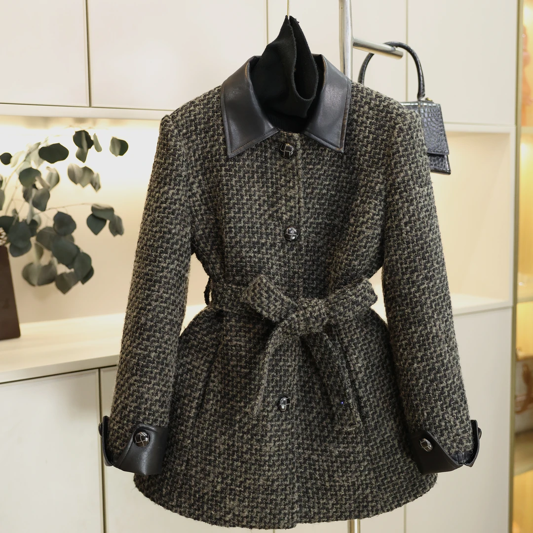 60羊毛撞色拼皮千鸟格腰带外套女冬款羽绒高级感复古小众设计师款