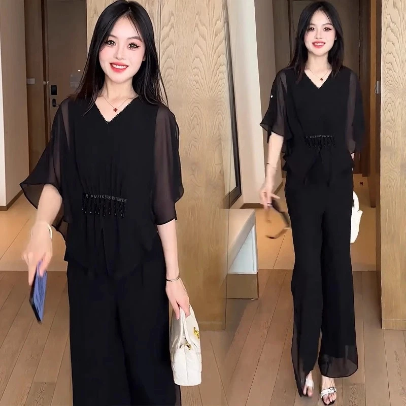 冰丝雪纺套装女士夏季薄款2025新款时尚气质女神范减龄洋气两件套