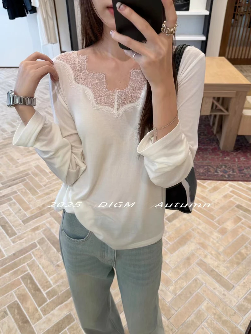 秋装新款极简风松弛感蕾丝花边拼接设计宽松显瘦桑蚕丝针织衫