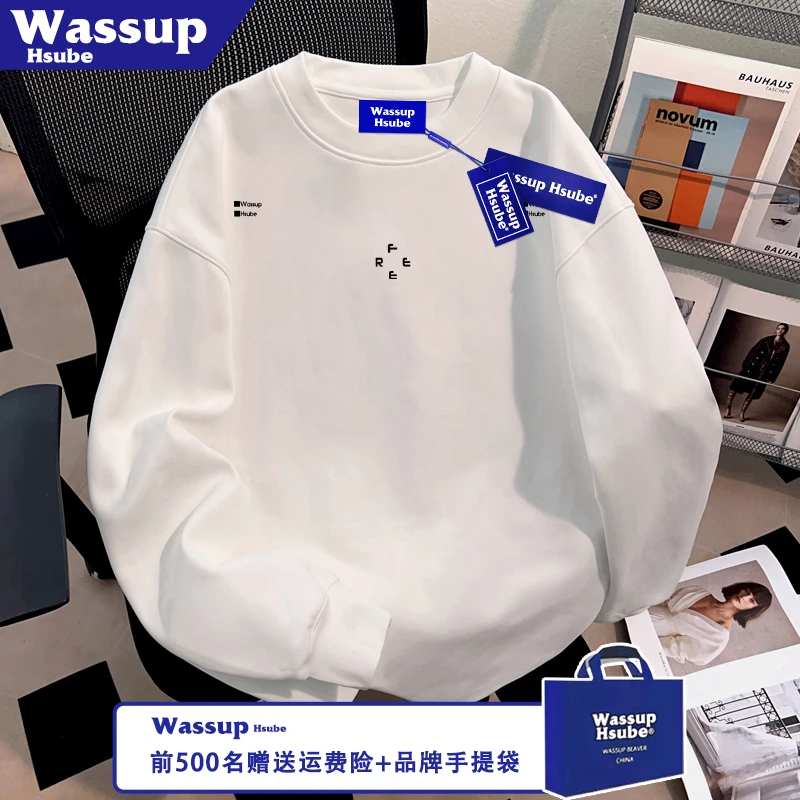 WASSUP HSUBE符号英文印花T恤ins秋冬100%纯棉上衣男女款白色长袖