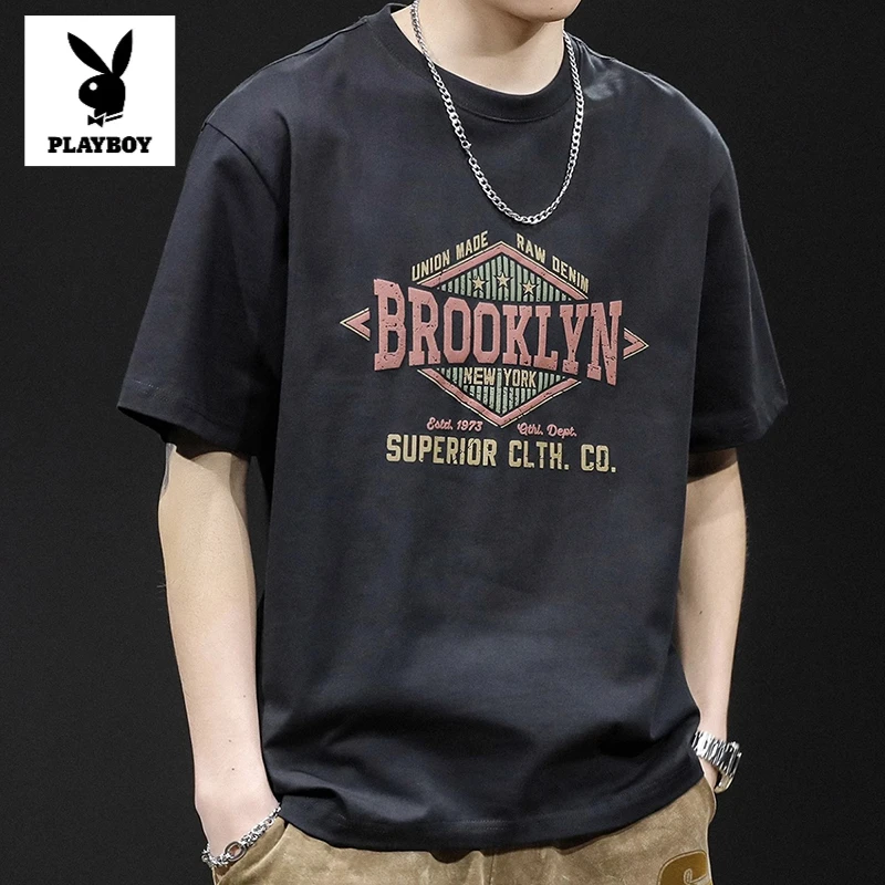 花花公子重磅短袖T恤男士半袖上衣潮牌大码美式印花T恤