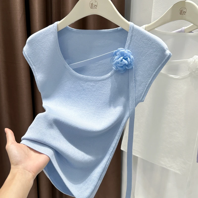 蓝色u领针织修身飞飞袖上衣秋季新款花朵设计感无袖T恤薄款打底衫