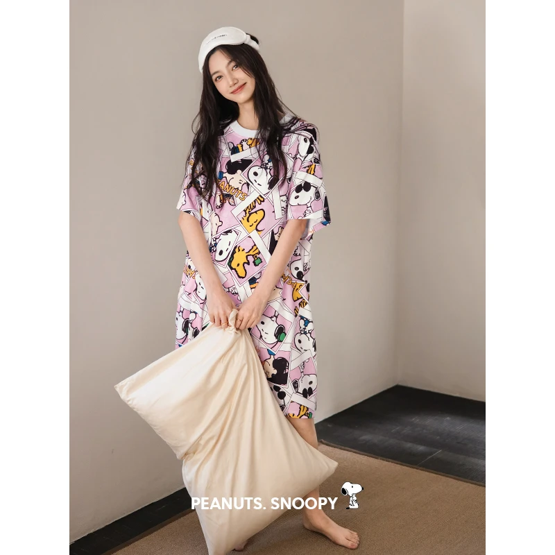 贝妍凉感睡衣女夏薄款纯棉短袖睡裙减龄可爱史努比少女大码连衣裙