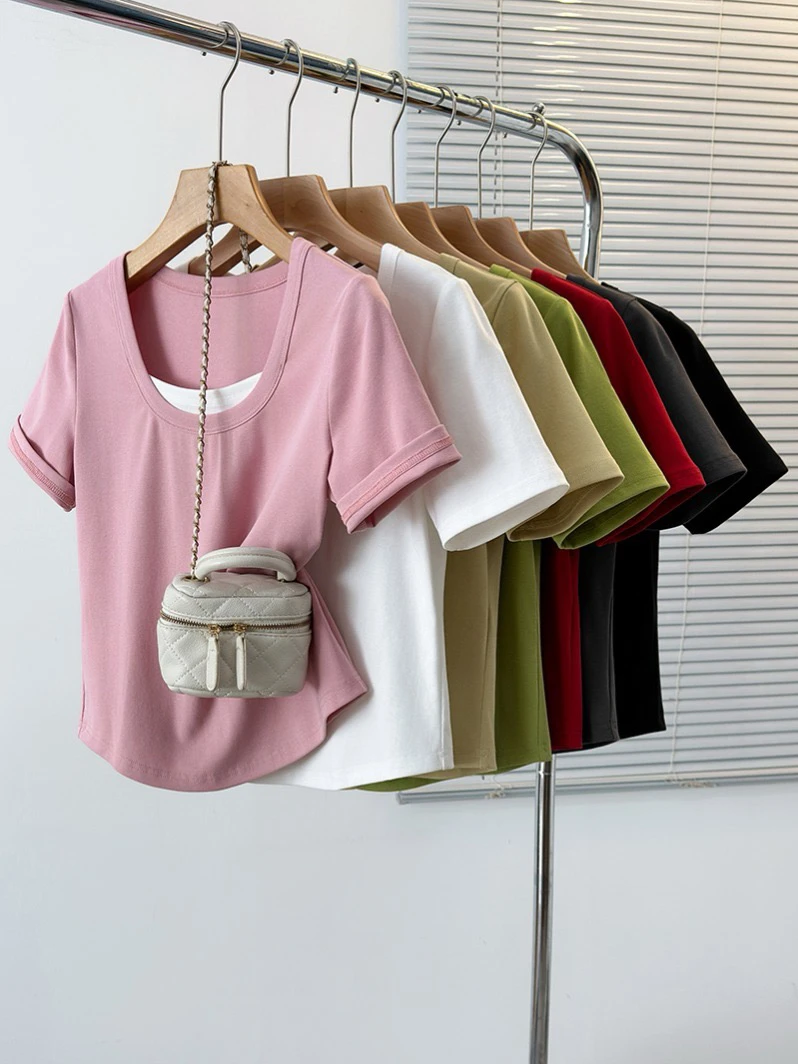 32705 夏装新款胖mm大码女别致设计感撞色假两件正肩短袖T恤