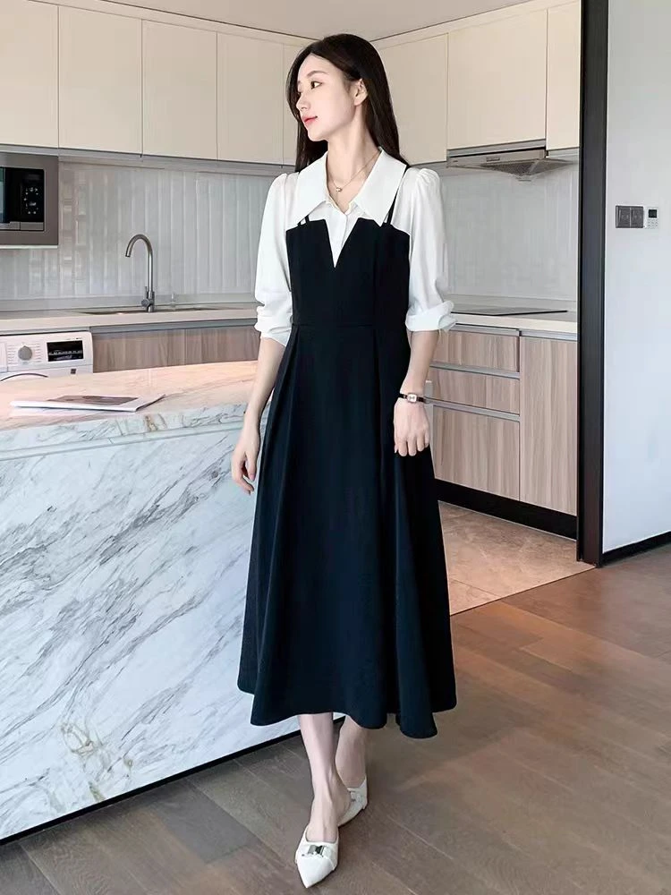 法式收腰气质连衣裙设计感假两件显瘦拼接长裙11384(A4-2)