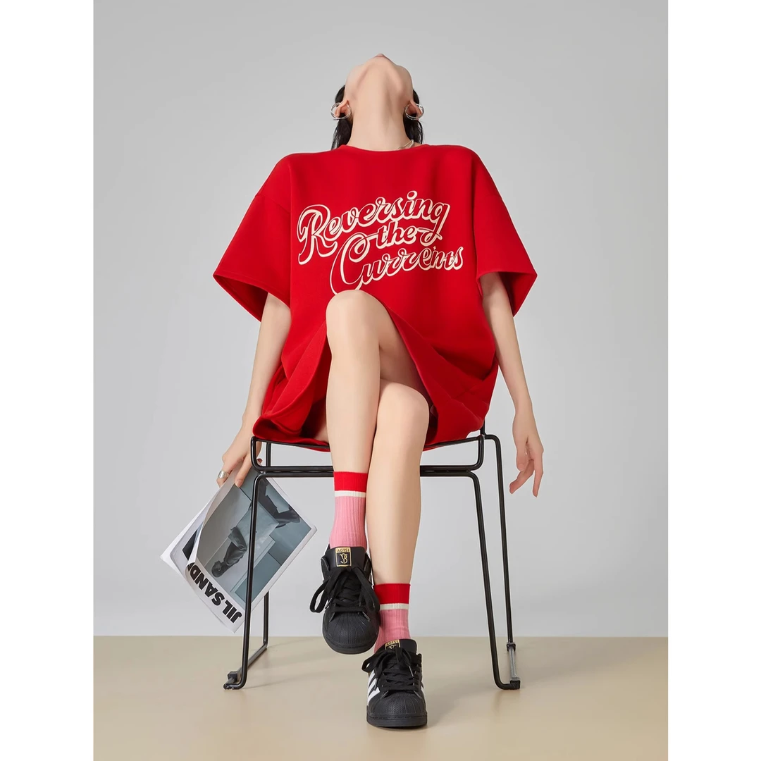 多巴胺红色字母印花短袖t恤裙宽松韩版慵懒风中长款A99669连衣裙