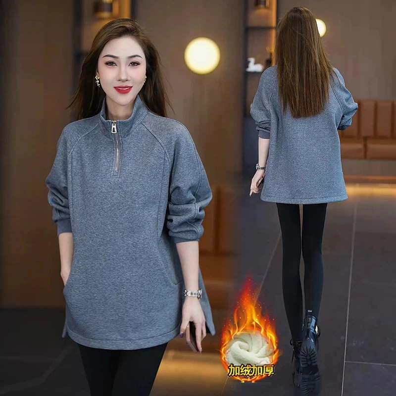 加绒加厚小个子卫衣女2025秋冬新款时尚中长款宽松显瘦打底衫上衣