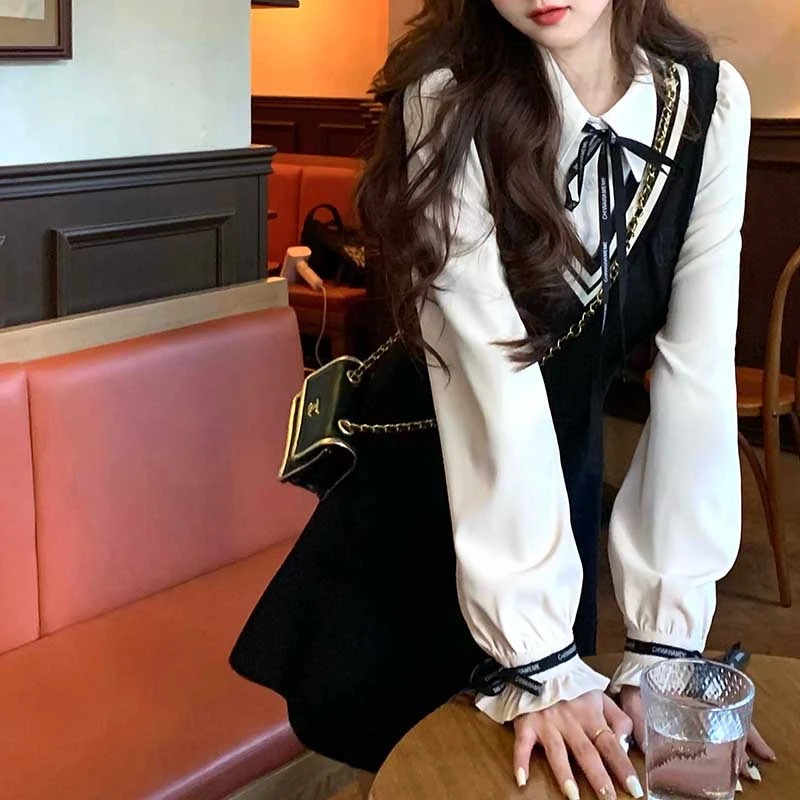 假两件衬衫连衣裙显瘦长袖黑色连衣裙女小个子D0723