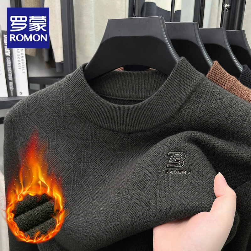【一体绒】罗蒙男士秋冬季加厚保暖圆领针织衫毛衣休闲柔软打底衫男
